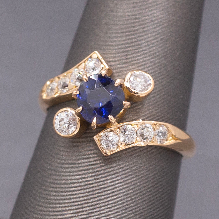 Victorian GIA Certified Royal Blue Sapphire and Old Cut Diamond Ring in 14k Yellow Gold
