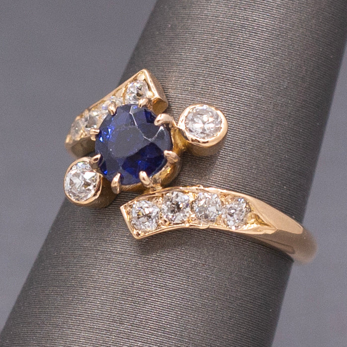 Victorian GIA Certified Royal Blue Sapphire and Old Cut Diamond Ring in 14k Yellow Gold