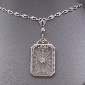 Exquisite Art Deco Camphor Glass and Diamond Statement Necklace in 10k White Gold