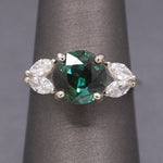 Deep Teal Forest Green Tourmaline and Marquise Diamond Ring in 14k White Gold