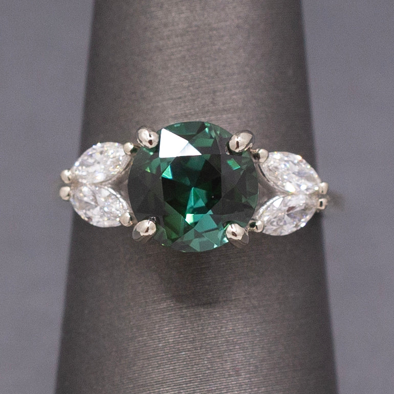 Deep Teal Forest Green Tourmaline and Marquise Diamond Ring in 14k White Gold