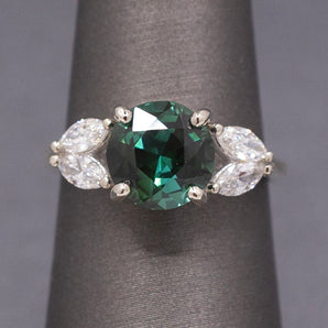 Deep Teal Forest Green Tourmaline and Marquise Diamond Ring in 14k White Gold