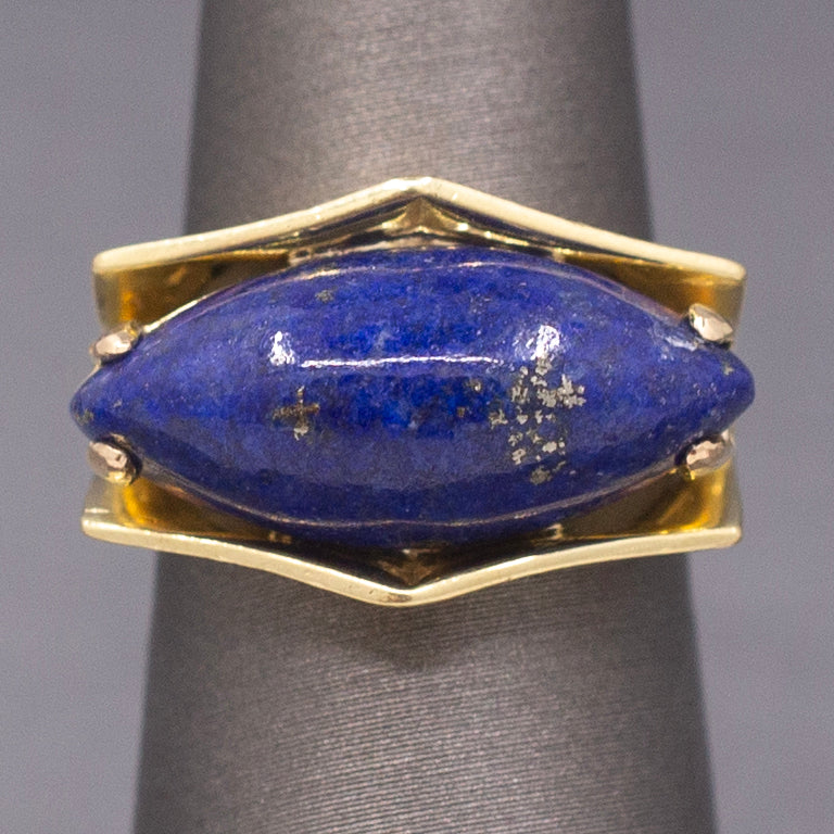 Vintage Modernist Lapis Lazuli East West Set Ring in 18k Yellow Gold