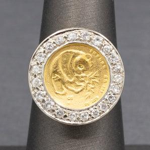 Chinese 5 Yuan Panda Coin Ring with Diamond Bezel in 14k Yellow Gold