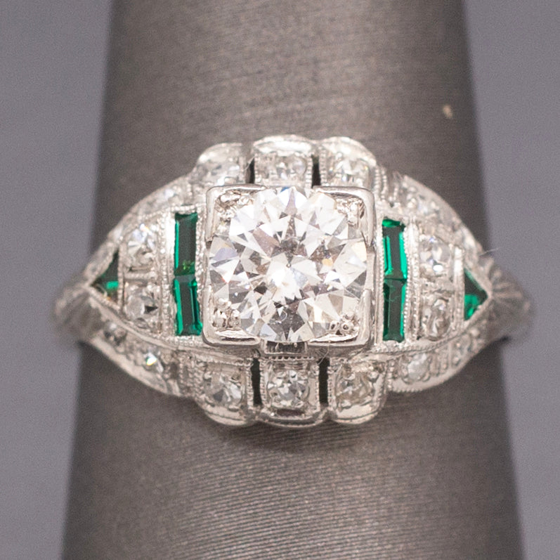 Exquisite Art Deco Old European Cut Diamond and Emerald Engagement Ring in Platinum