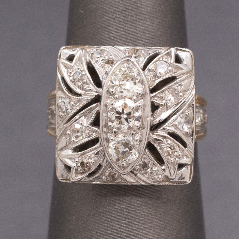 Awesome Art Deco Old European Cut Diamond Cocktail Ring in 14k Yellow & White Gold