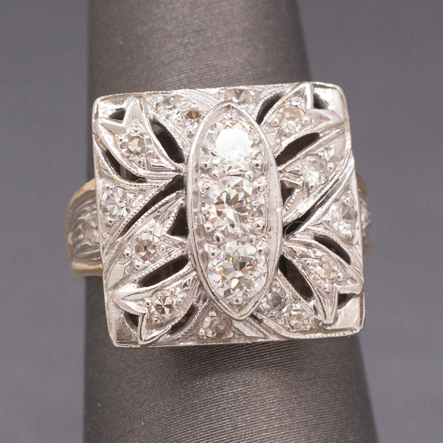 Awesome Art Deco Old European Cut Diamond Cocktail Ring in 14k Yellow & White Gold