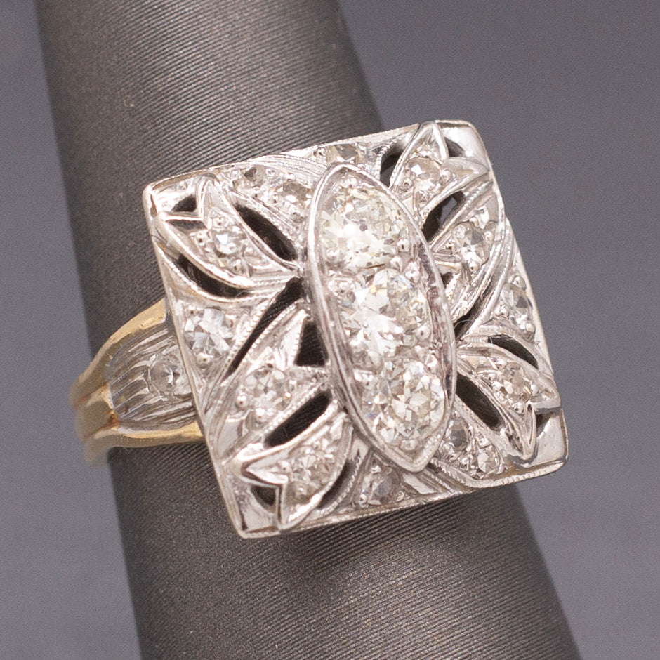 Awesome Art Deco Old European Cut Diamond Cocktail Ring in 14k Yellow & White Gold