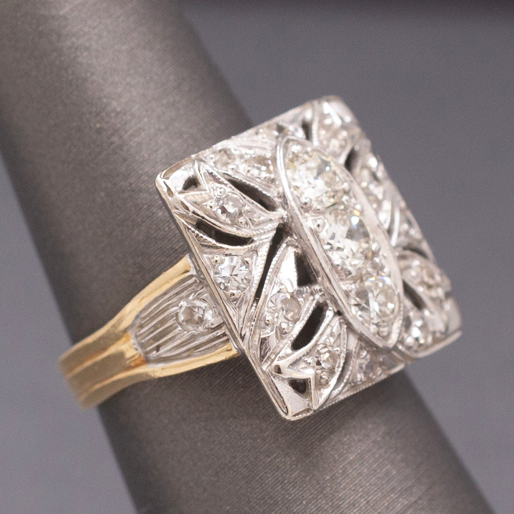 Awesome Art Deco Old European Cut Diamond Cocktail Ring in 14k Yellow & White Gold