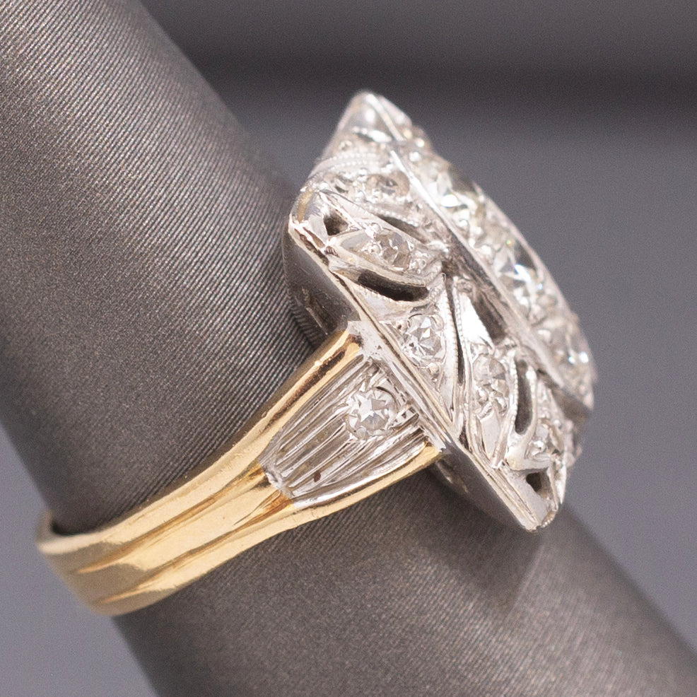 Awesome Art Deco Old European Cut Diamond Cocktail Ring in 14k Yellow & White Gold