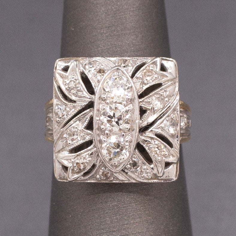 Awesome Art Deco Old European Cut Diamond Cocktail Ring in 14k Yellow & White Gold
