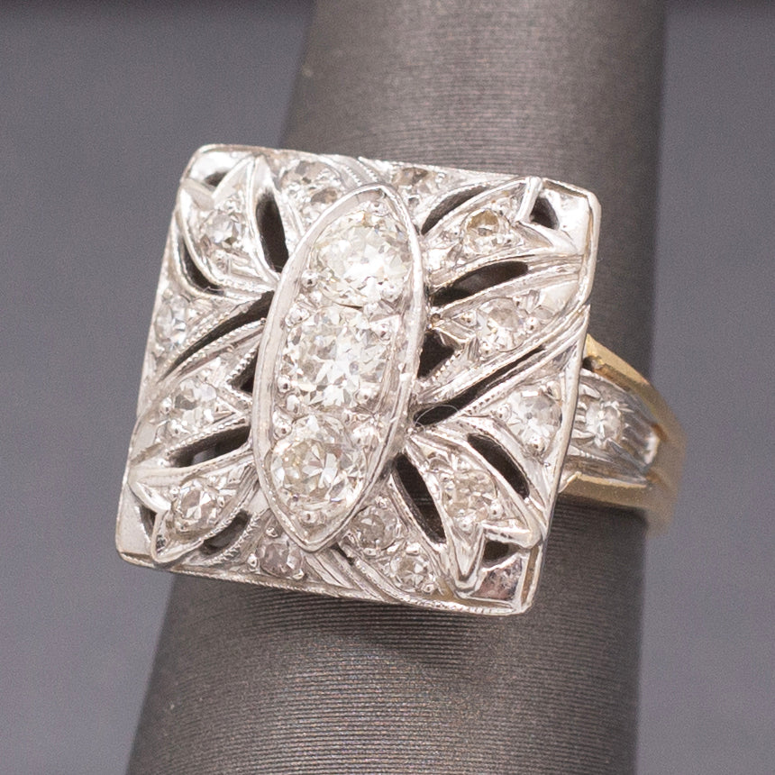 Awesome Art Deco Old European Cut Diamond Cocktail Ring in 14k Yellow & White Gold
