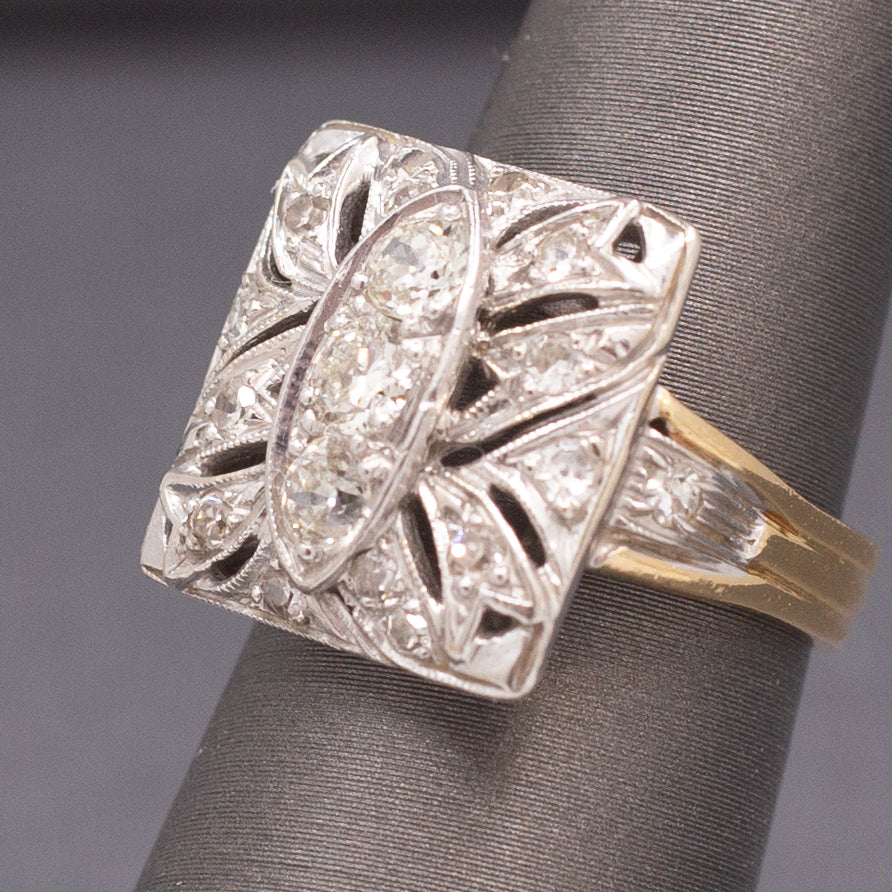 Awesome Art Deco Old European Cut Diamond Cocktail Ring in 14k Yellow & White Gold