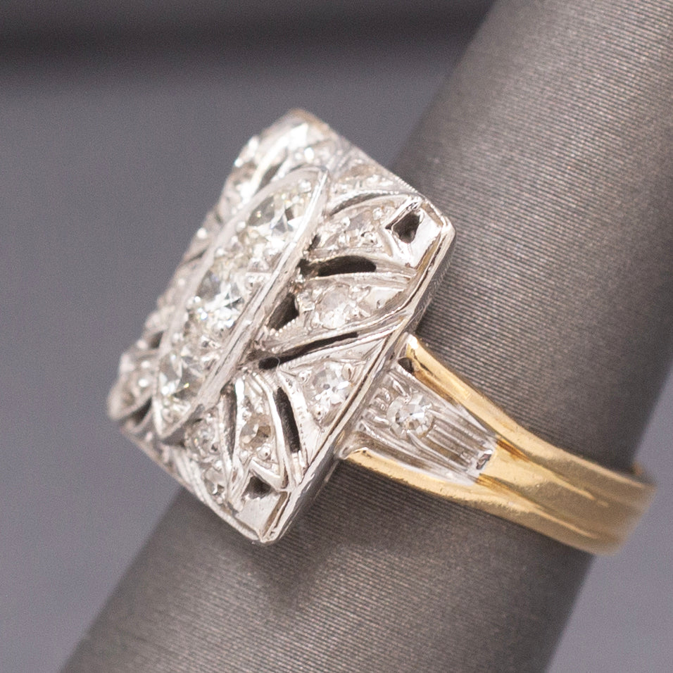 Awesome Art Deco Old European Cut Diamond Cocktail Ring in 14k Yellow & White Gold