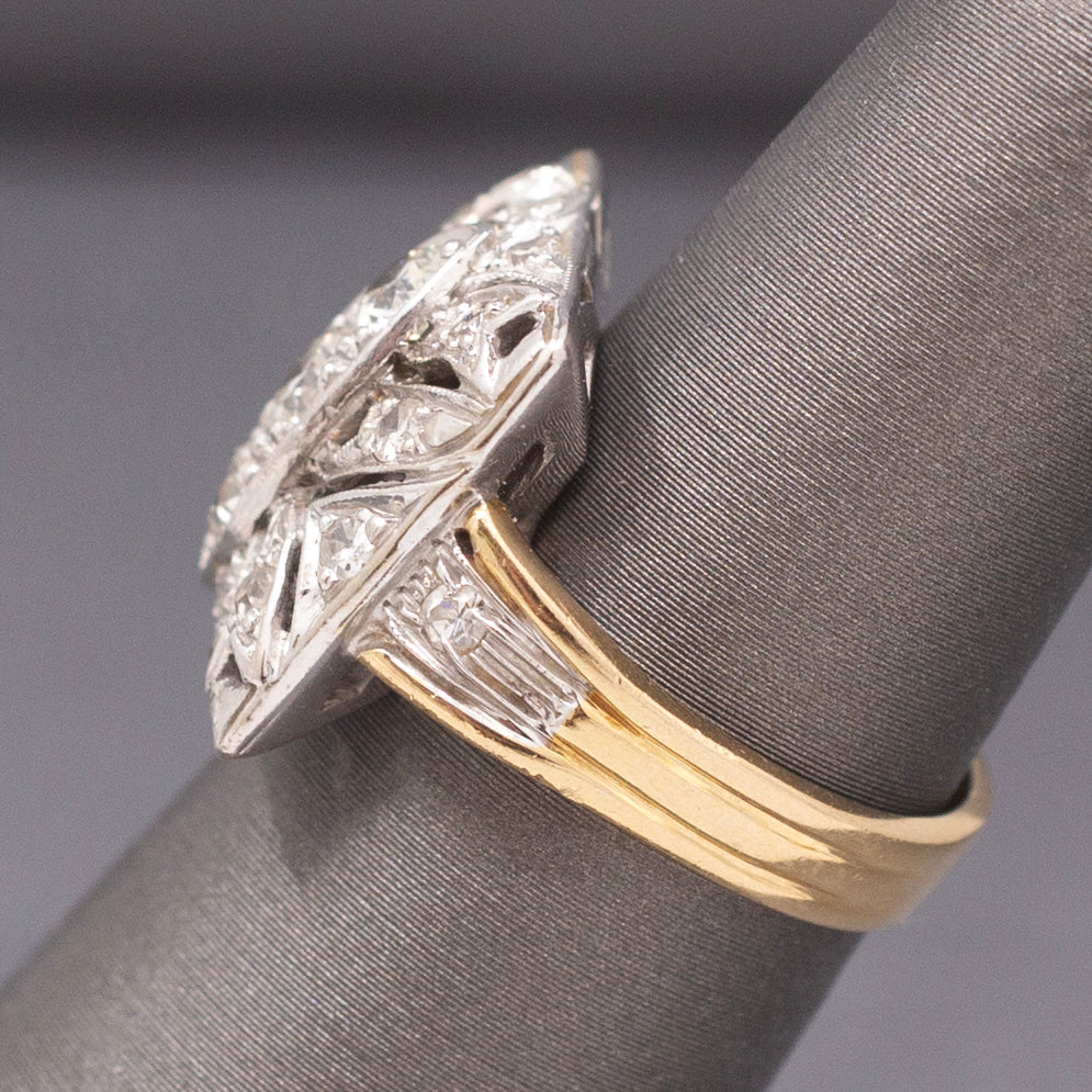 Awesome Art Deco Old European Cut Diamond Cocktail Ring in 14k Yellow & White Gold