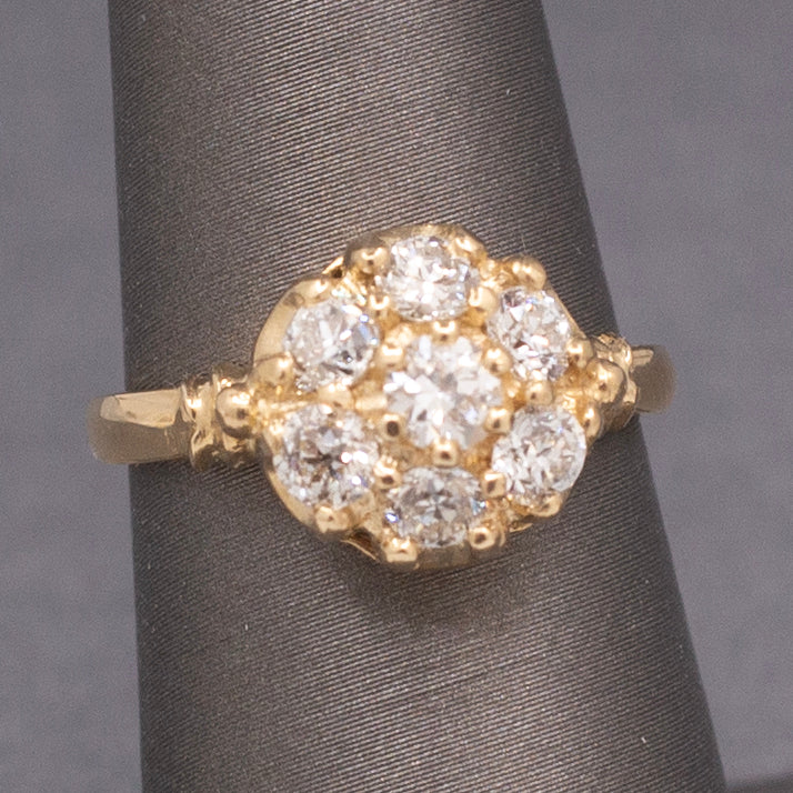 Vintage Old European Cut Diamond Cluster Daisy Engagement Ring in 14k Yellow Gold