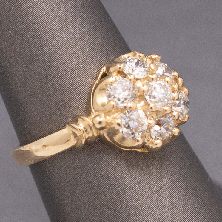 Vintage Old European Cut Diamond Cluster Daisy Engagement Ring in 14k Yellow Gold