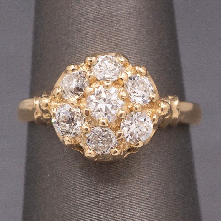 Vintage Old European Cut Diamond Cluster Daisy Engagement Ring in 14k Yellow Gold