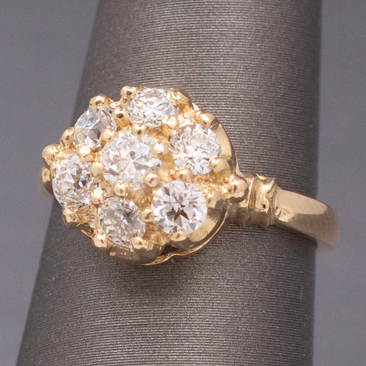 Vintage Old European Cut Diamond Cluster Daisy Engagement Ring in 14k Yellow Gold