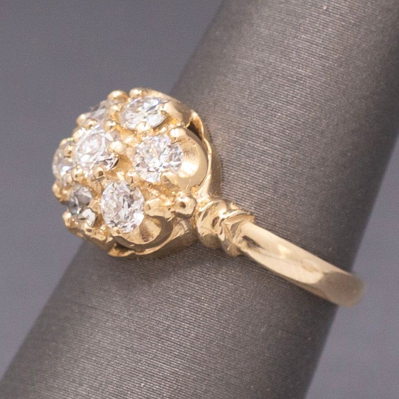 Vintage Old European Cut Diamond Cluster Daisy Engagement Ring in 14k Yellow Gold