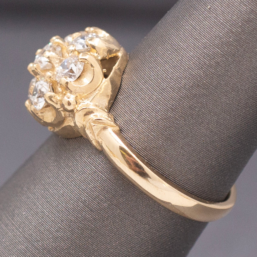 Vintage Old European Cut Diamond Cluster Daisy Engagement Ring in 14k Yellow Gold