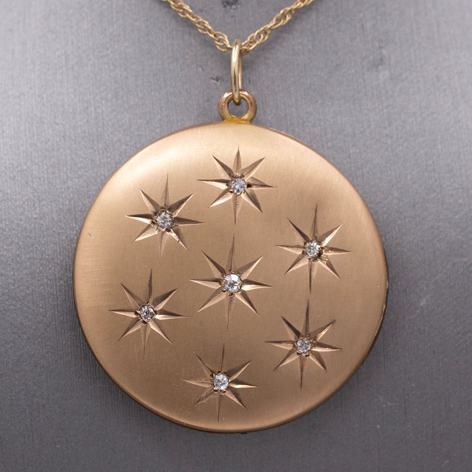 Antique Victorian Old Cut Diamond Star Satin Finished Locket in 10k Yellow Gold