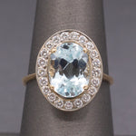 Vintage Icy Aquamarine and Diamond Halo Statement Ring in 14k White and Yellow Gold