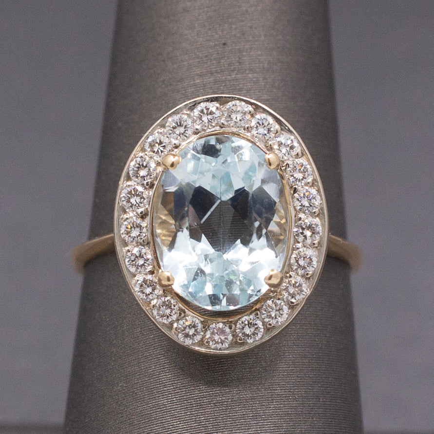 Vintage Icy Aquamarine and Diamond Halo Statement Ring in 14k White and Yellow Gold