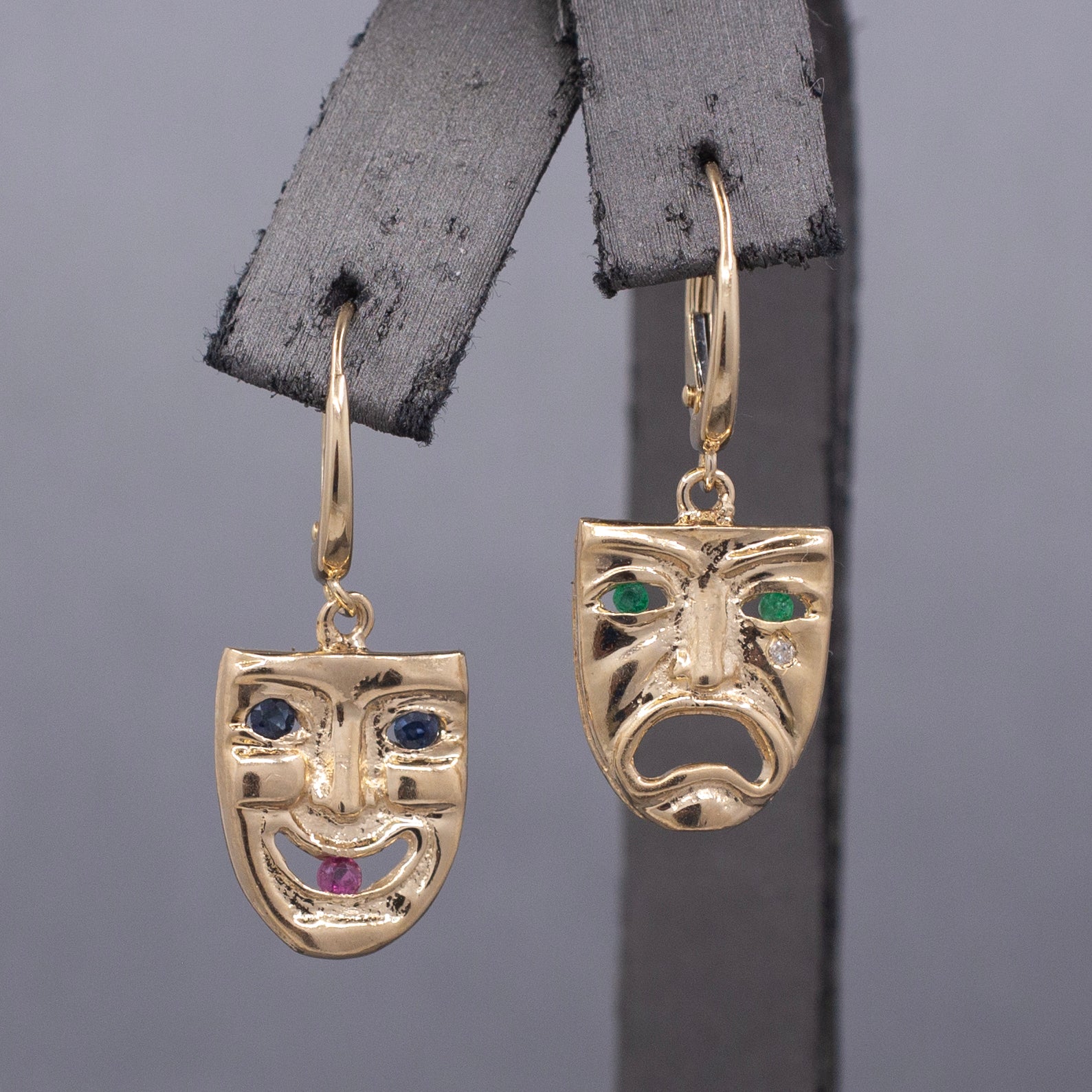 Vintage Greek Theatre Mask Comedy and Tragedy Dangle Earrings in 14k Yellow Gold