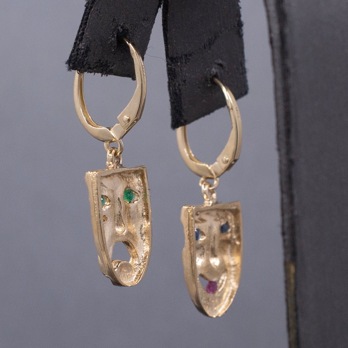 Vintage Greek Theatre Mask Comedy and Tragedy Dangle Earrings in 14k Yellow Gold