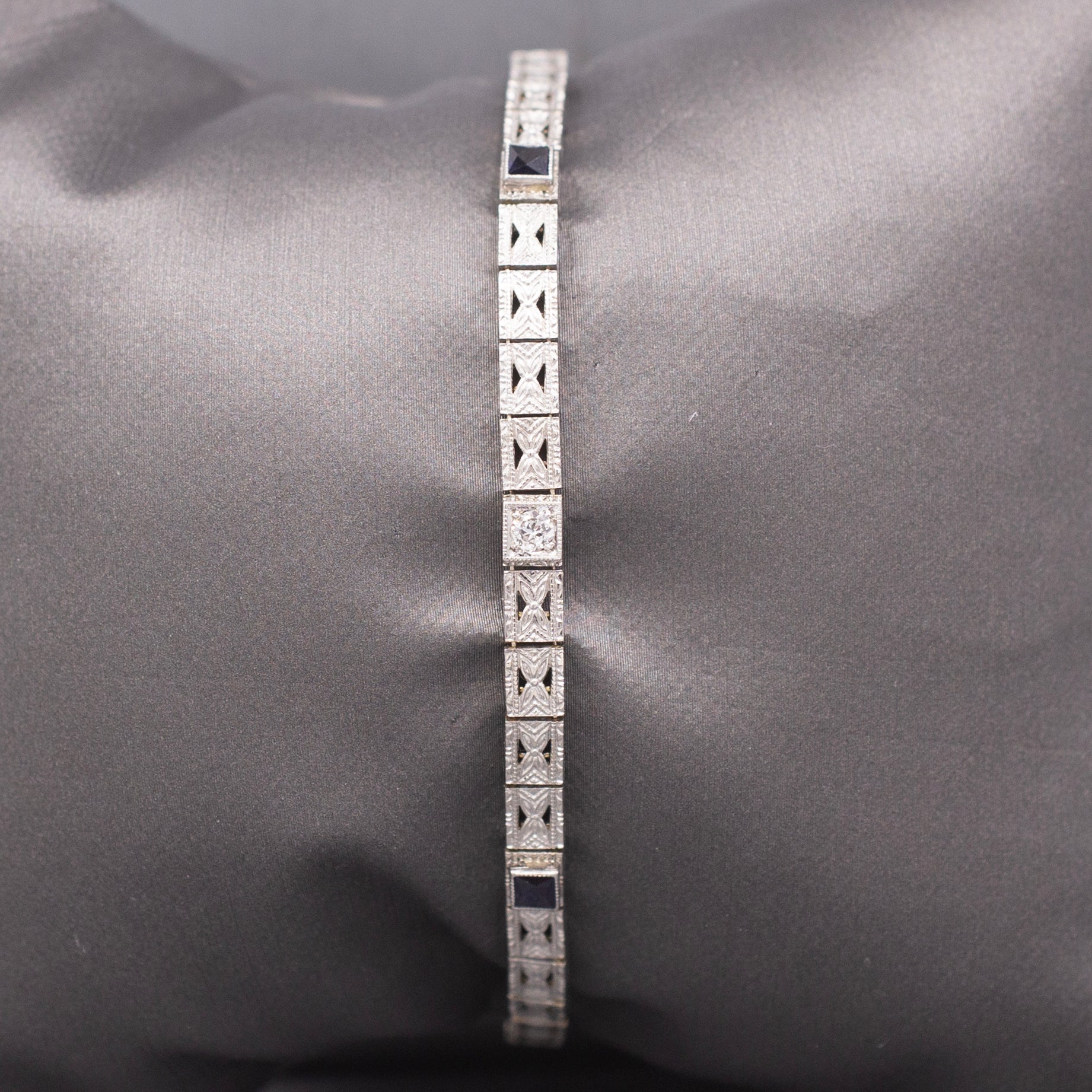 Antique Art Deco Sapphire and Old European Cut Diamond Filigree Bracelet in 14k White Gold