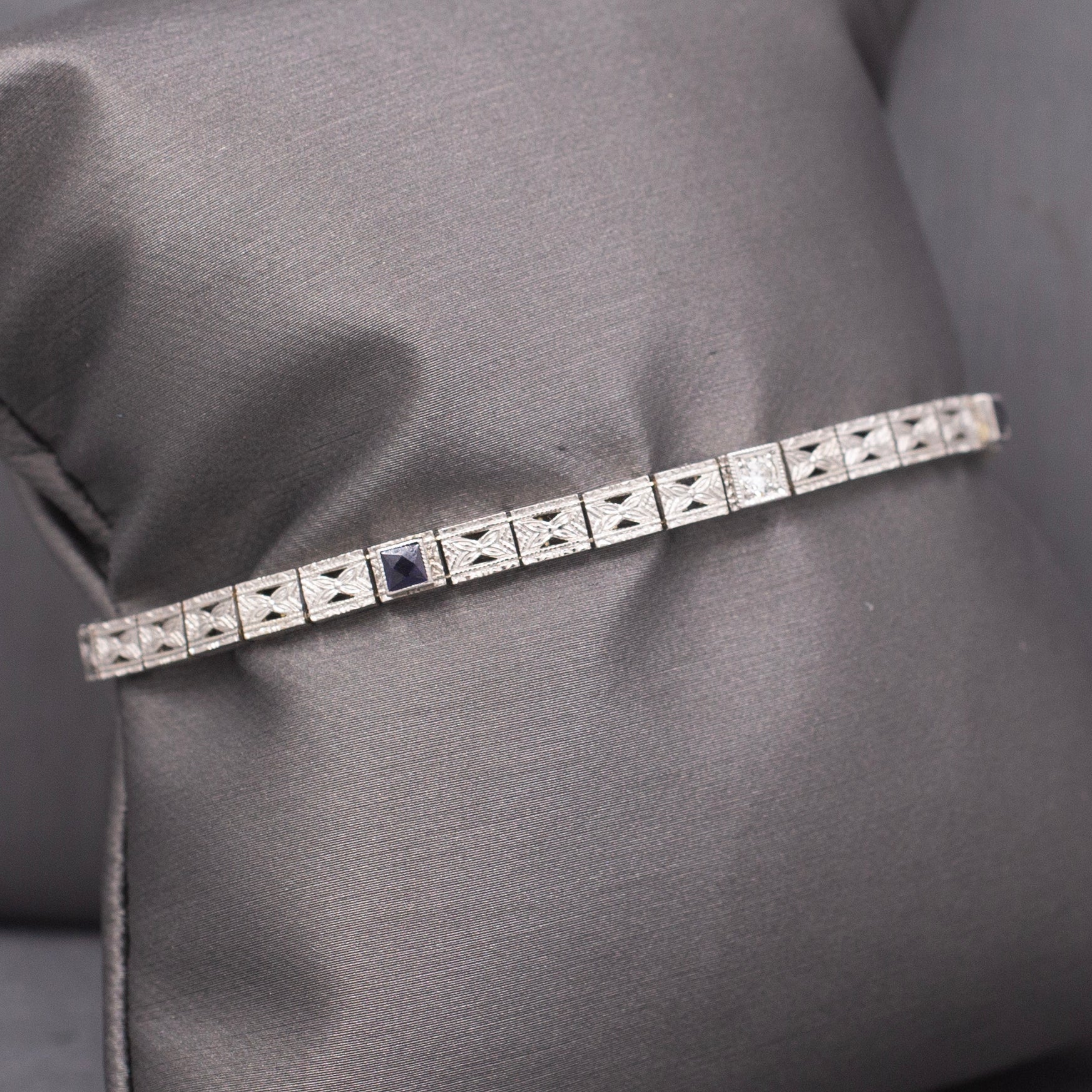 Antique Art Deco Sapphire and Old European Cut Diamond Filigree Bracelet in 14k White Gold