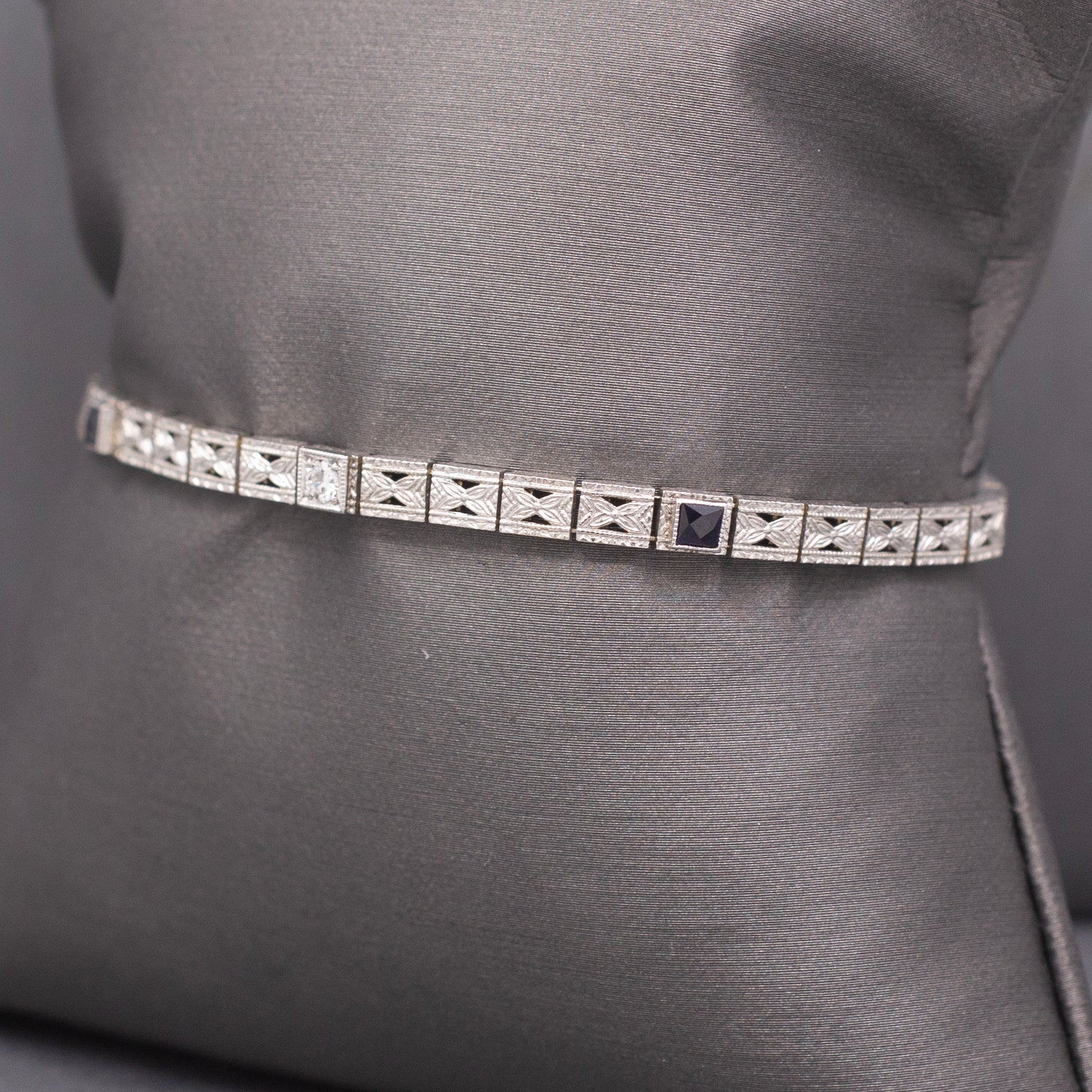 Antique Art Deco Sapphire and Old European Cut Diamond Filigree Bracelet in 14k White Gold