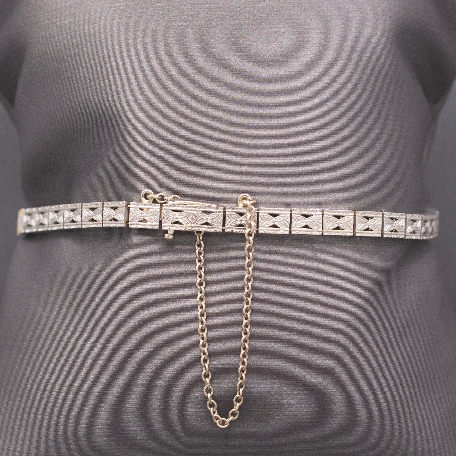 Antique Art Deco Sapphire and Old European Cut Diamond Filigree Bracelet in 14k White Gold