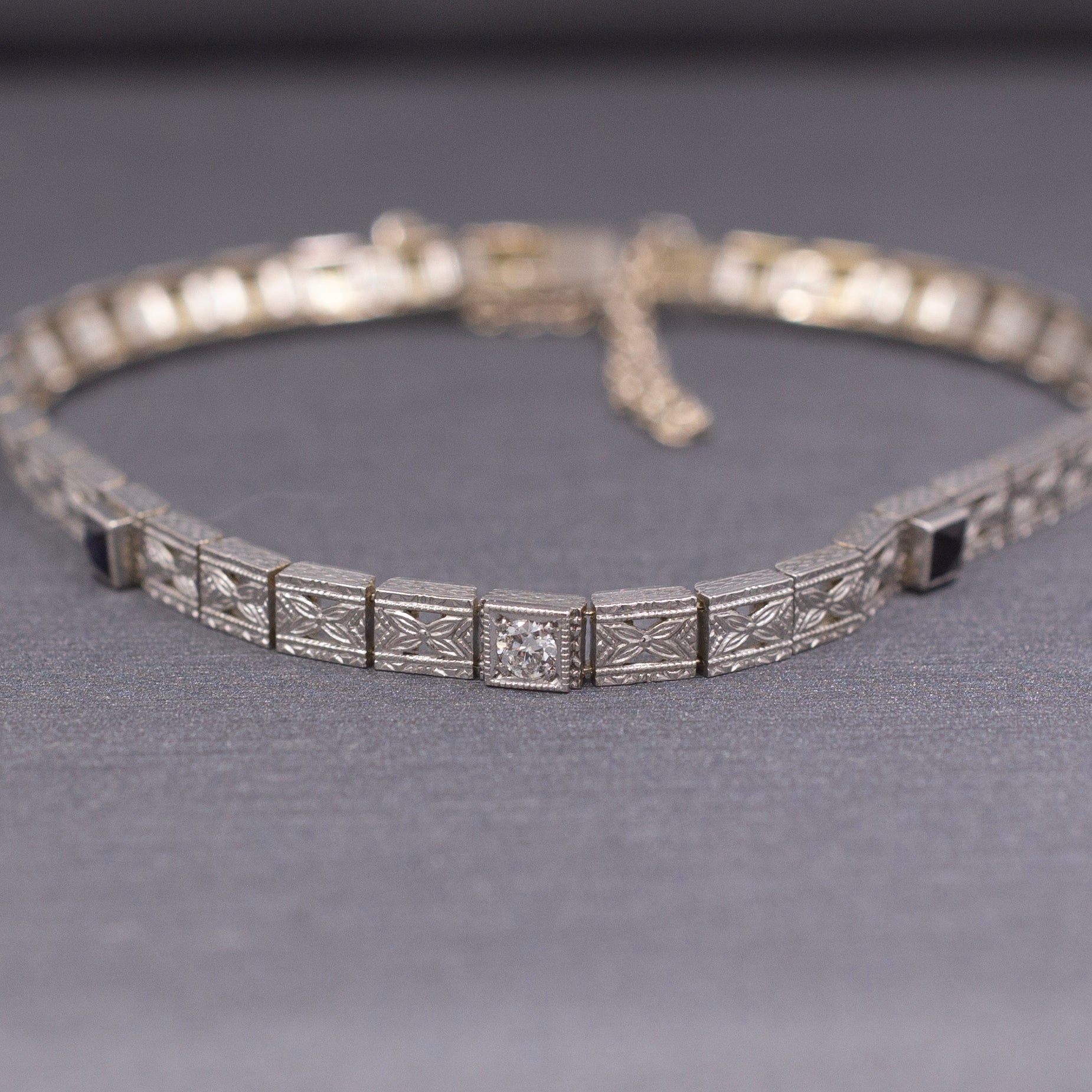 Antique Art Deco Sapphire and Old European Cut Diamond Filigree Bracelet in 14k White Gold