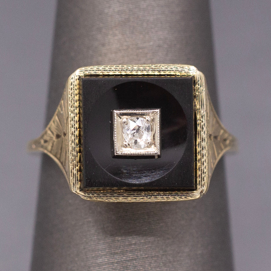 Darling Art Deco Old Mine Cut Diamond and Onyx Square Ring in 14k Yellow Gold