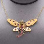 Stunning Antique Victorian Ruby and Sapphire Dragonfly Necklace in 14k Yellow Gold