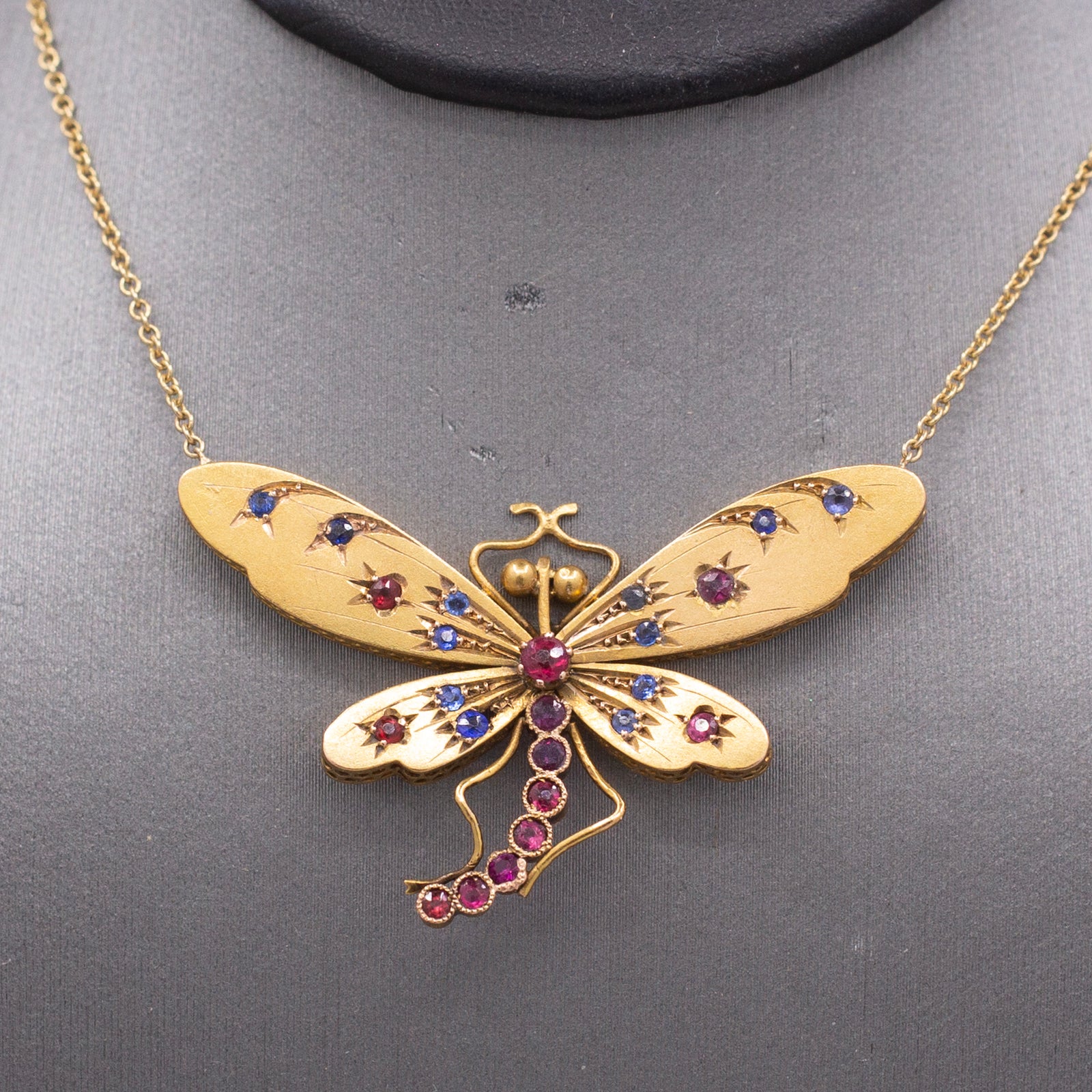 Stunning Antique Victorian Ruby and Sapphire Dragonfly Necklace in 14k Yellow Gold