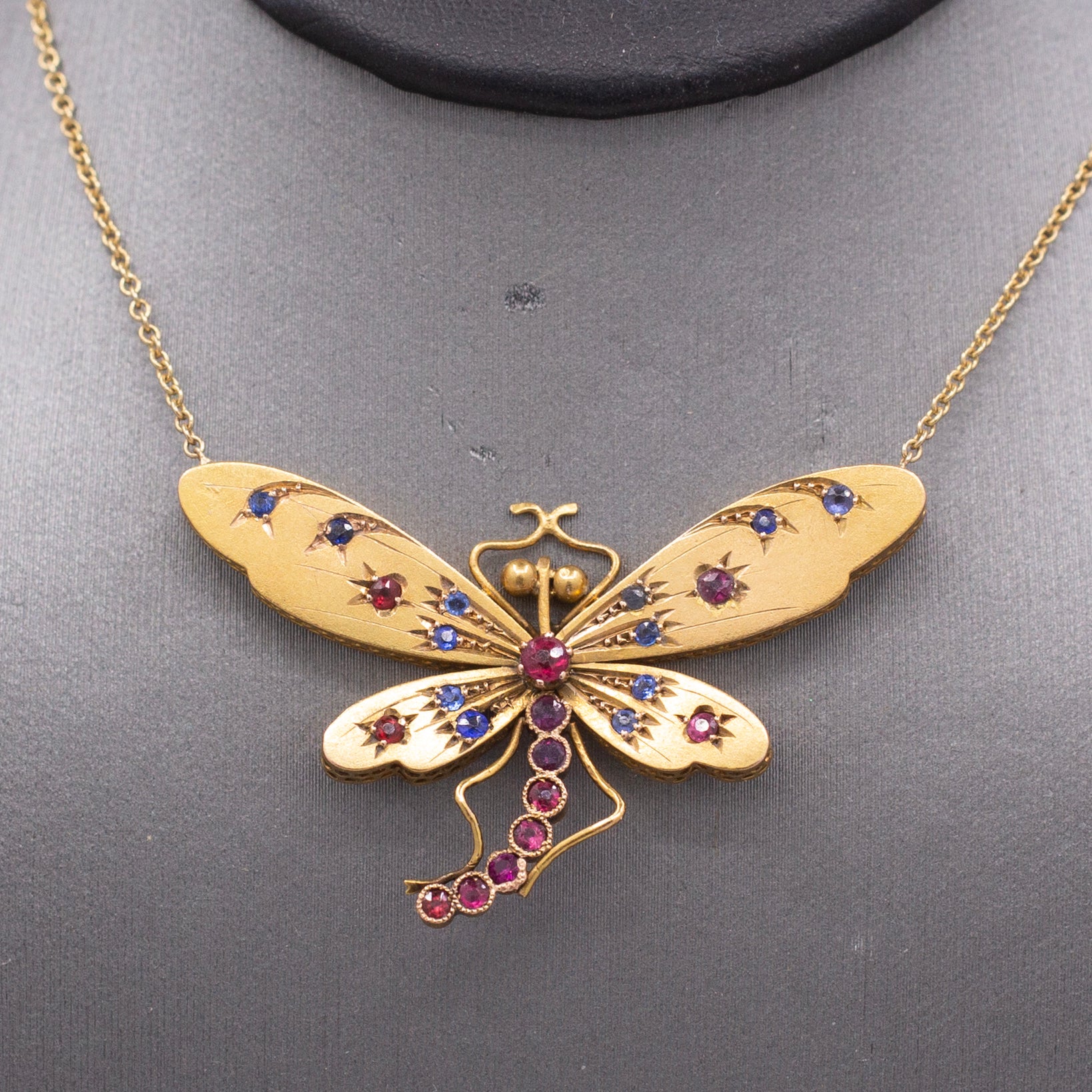 Stunning Antique Victorian Ruby and Sapphire Dragonfly Necklace in 14k Yellow Gold
