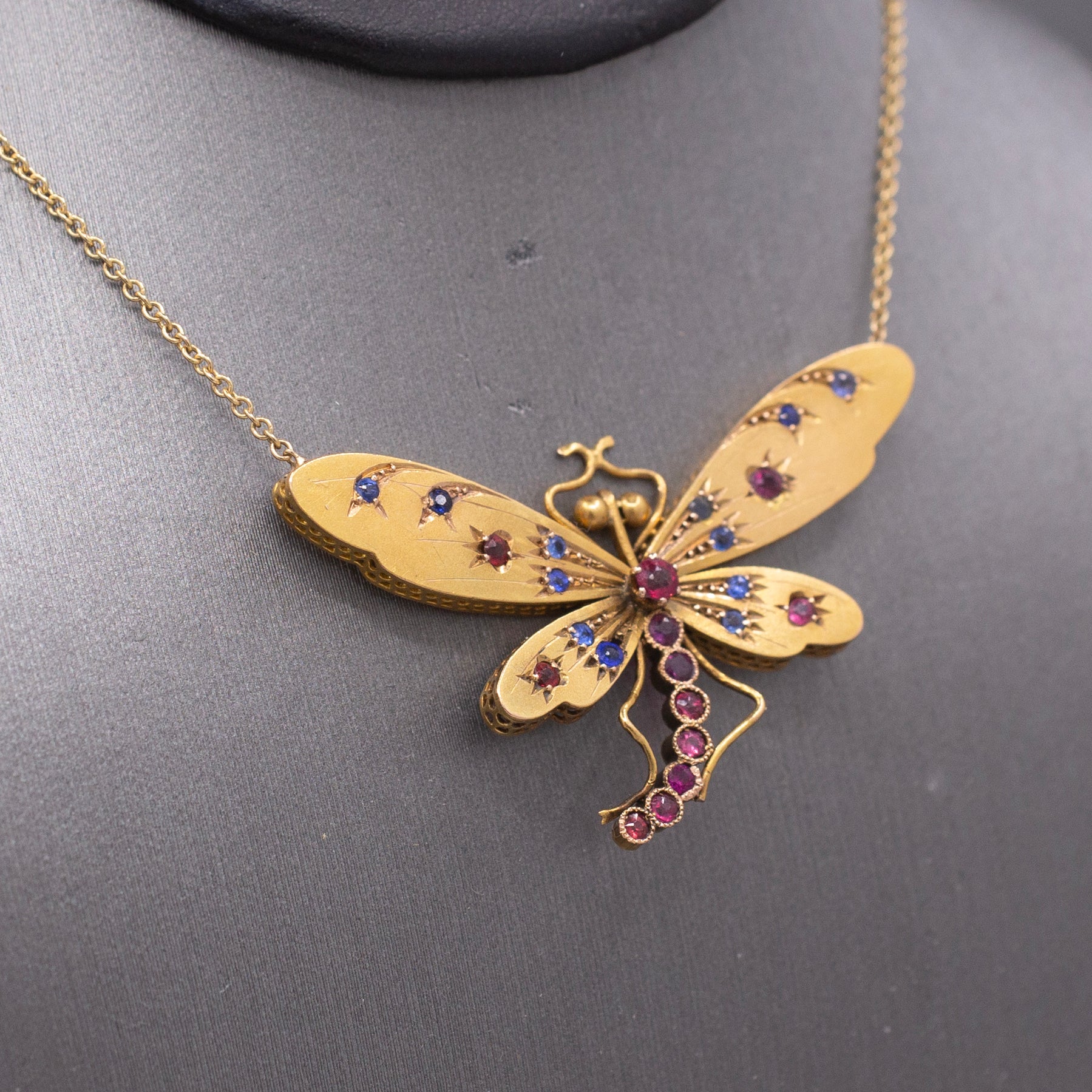 Stunning Antique Victorian Ruby and Sapphire Dragonfly Necklace in 14k Yellow Gold