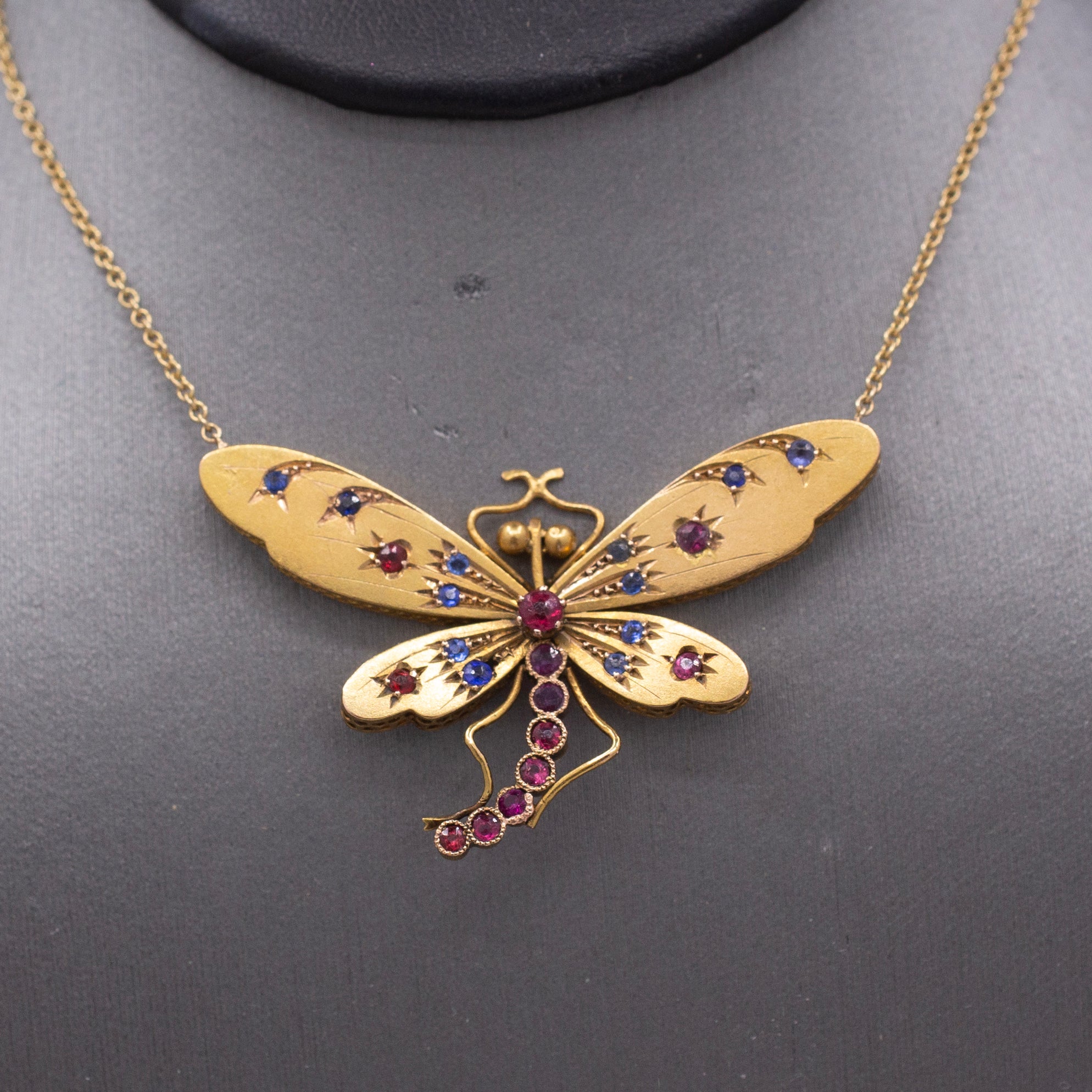 Stunning Antique Victorian Ruby and Sapphire Dragonfly Necklace in 14k Yellow Gold
