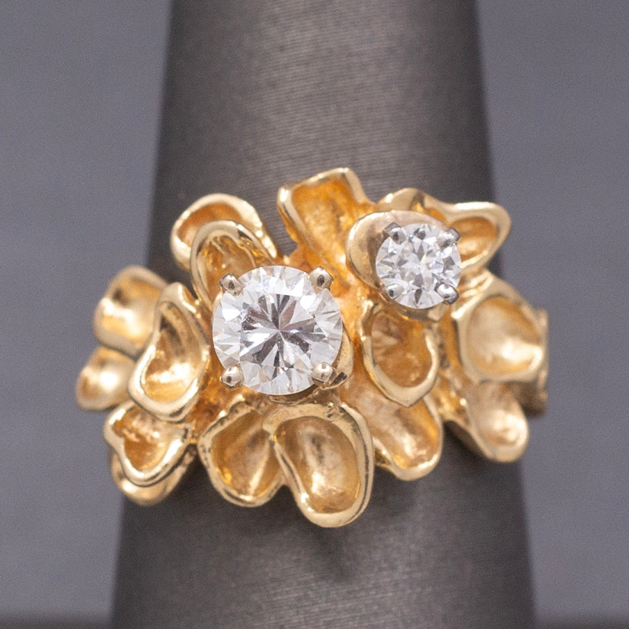 Unique Double Diamond Flower Petal Statement Ring in 14k Yellow Gold
