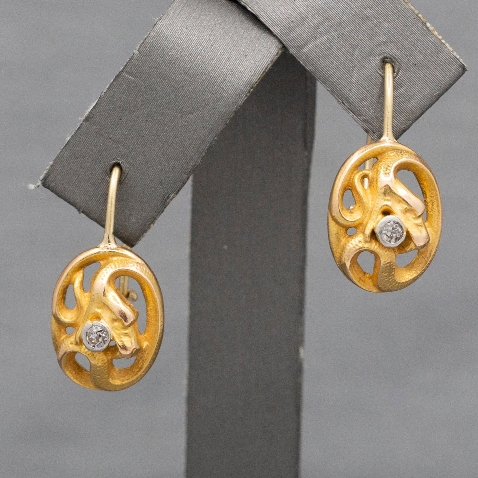 Victorian Antique Snake Serpent with Old Mine Cut Diamond Earrings in 14k YG