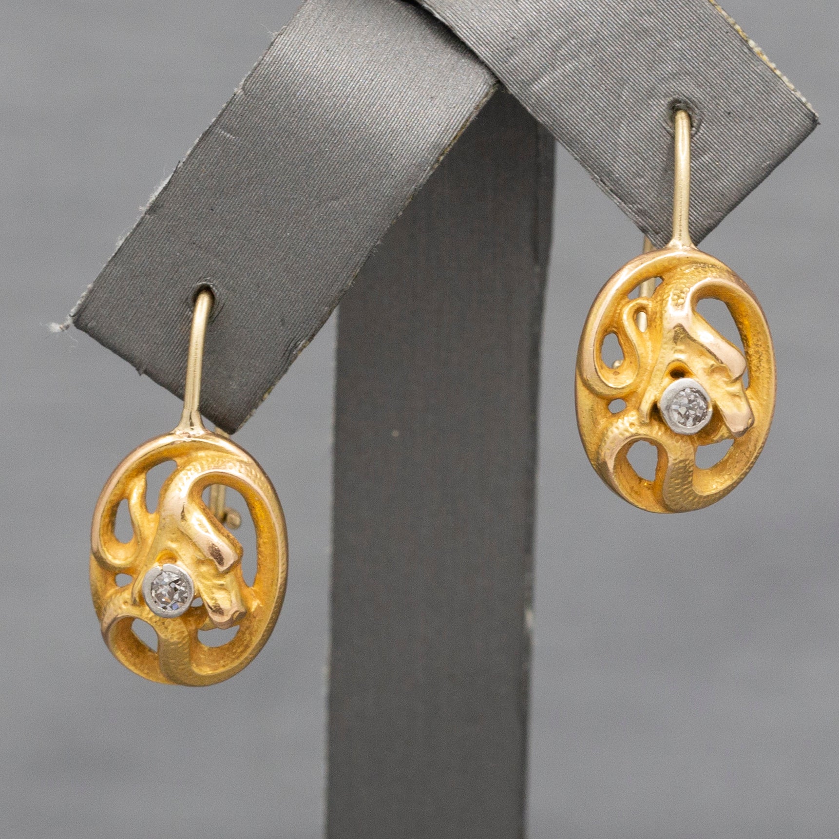 Victorian Antique Snake Serpent with Old Mine Cut Diamond Earrings in 14k YG