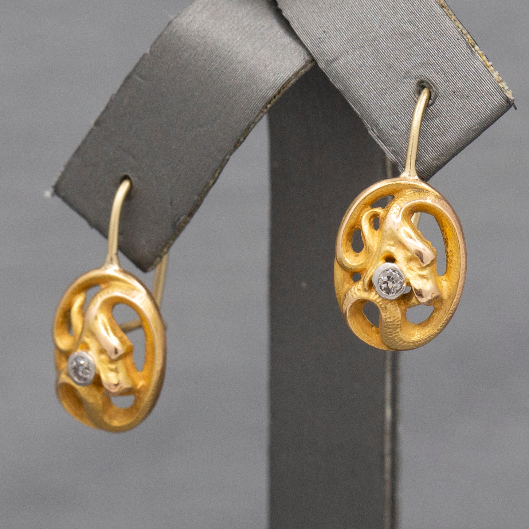Victorian Antique Snake Serpent with Old Mine Cut Diamond Earrings in 14k YG