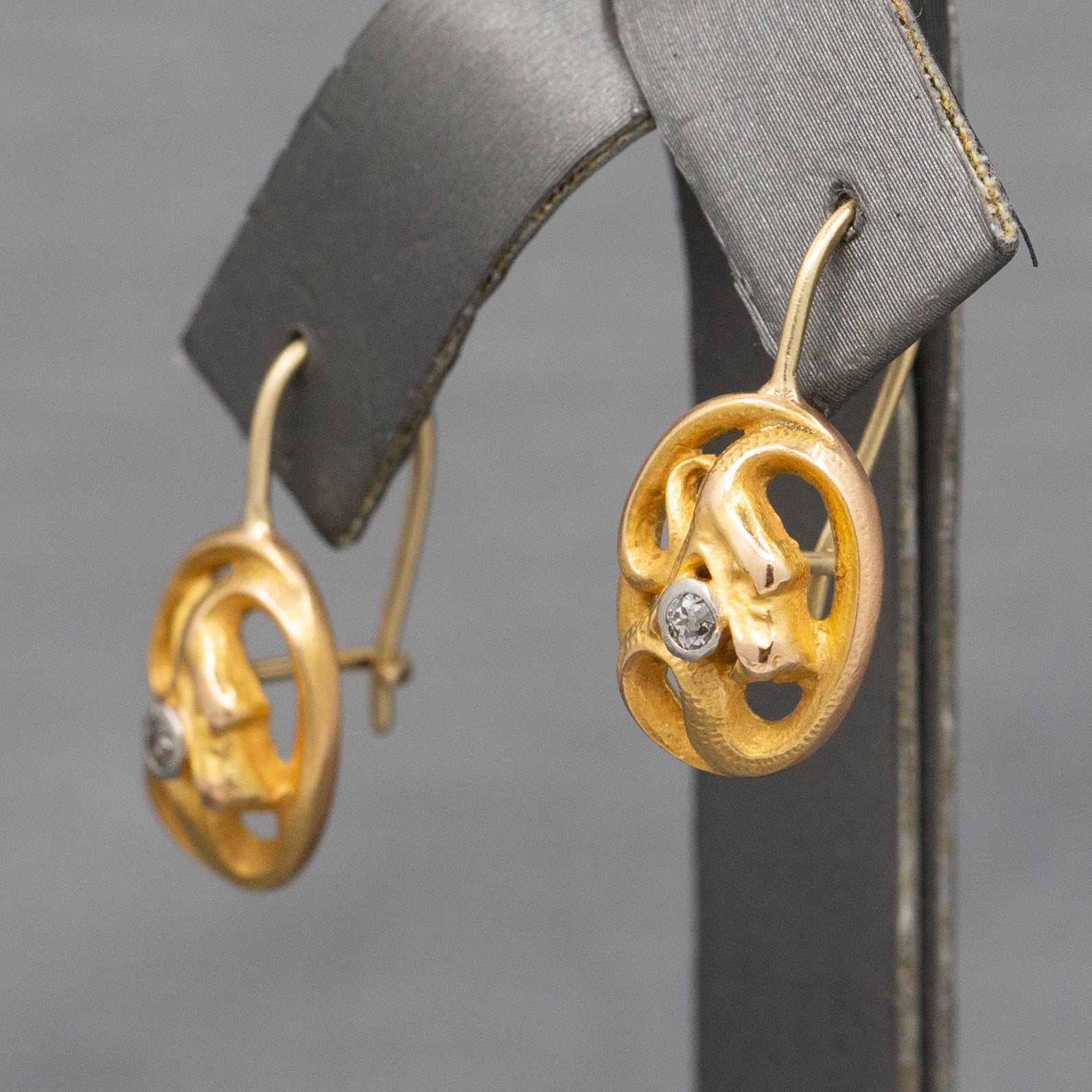 Victorian Antique Snake Serpent with Old Mine Cut Diamond Earrings in 14k YG