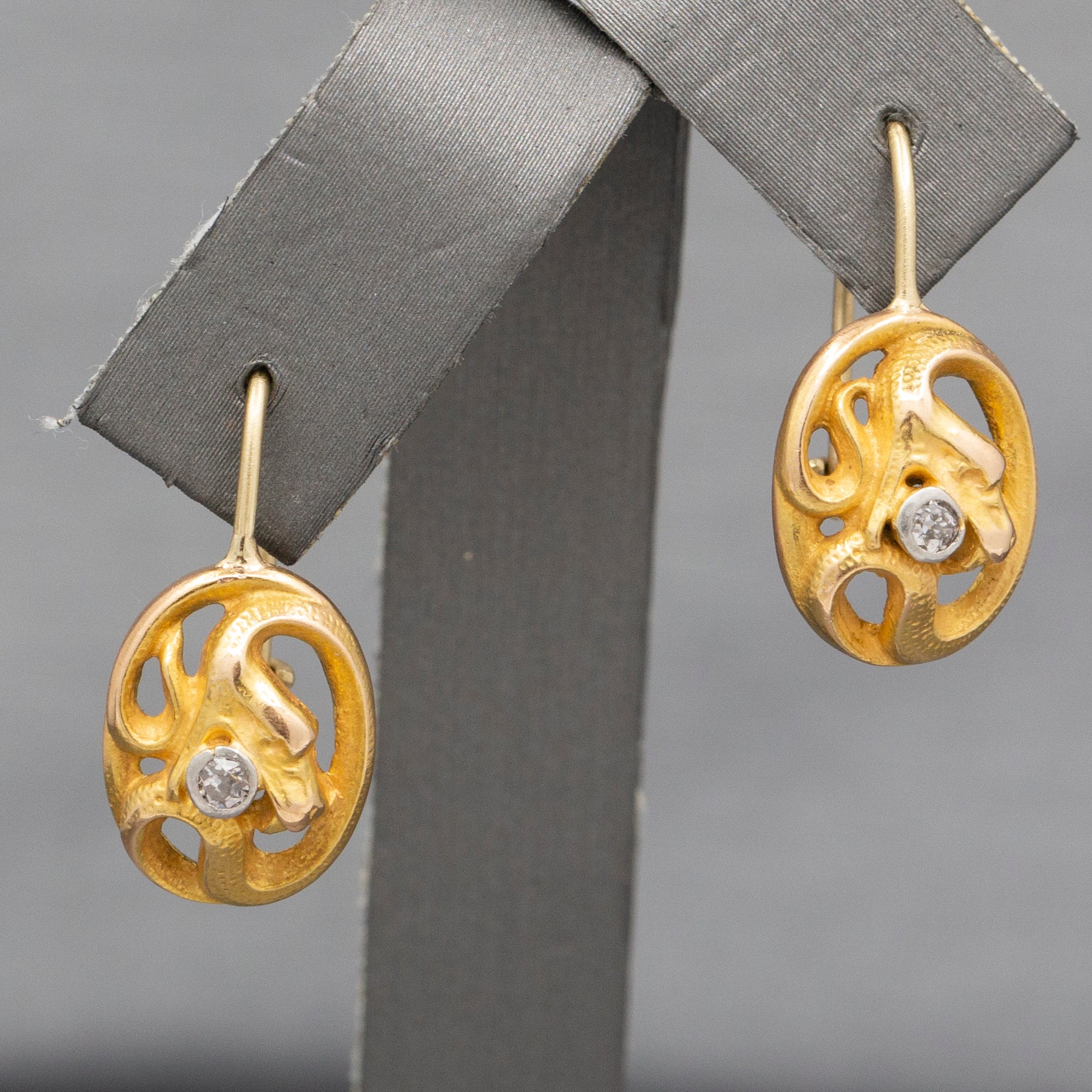 Victorian Antique Snake Serpent with Old Mine Cut Diamond Earrings in 14k YG