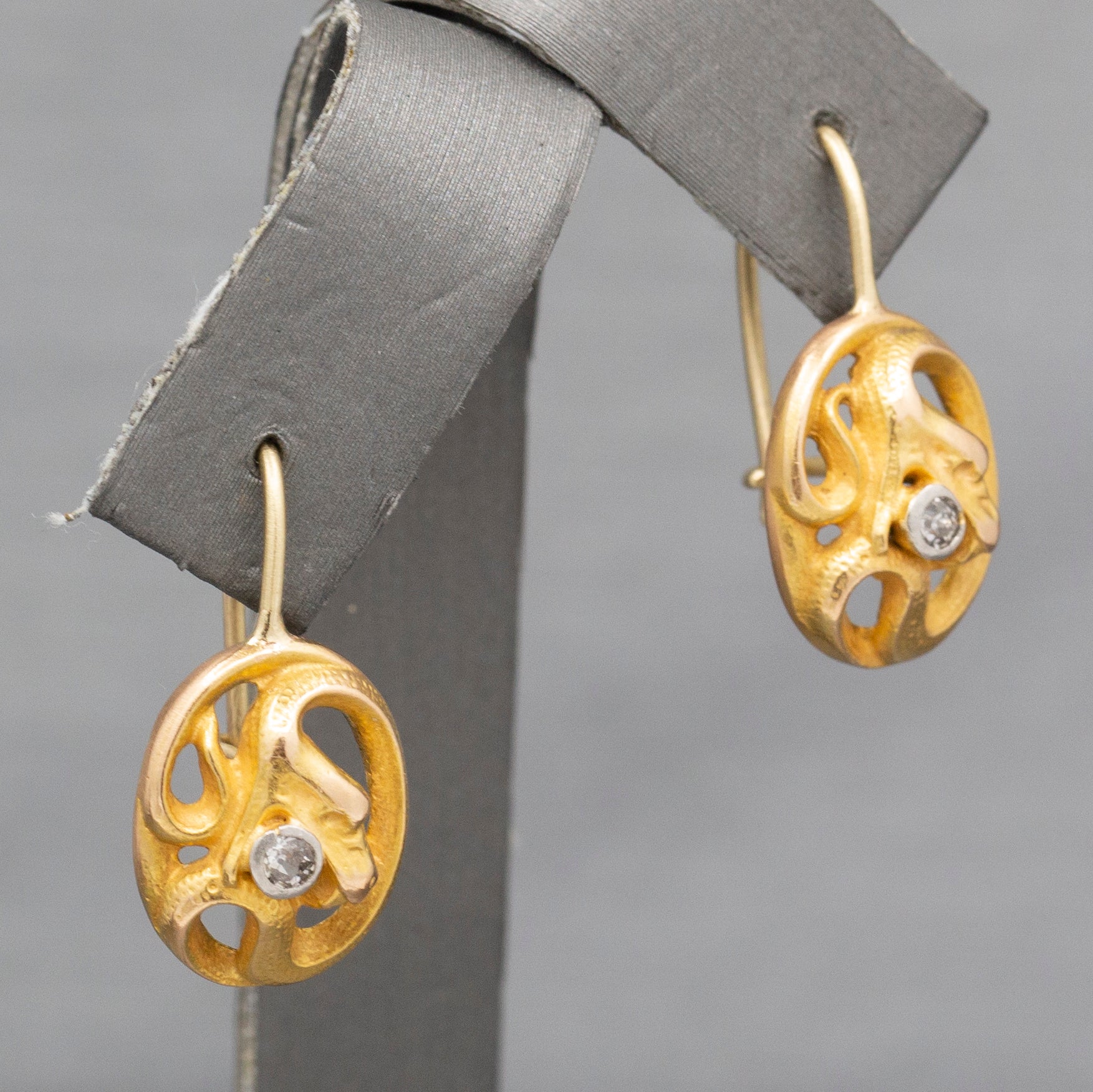 Victorian Antique Snake Serpent with Old Mine Cut Diamond Earrings in 14k YG