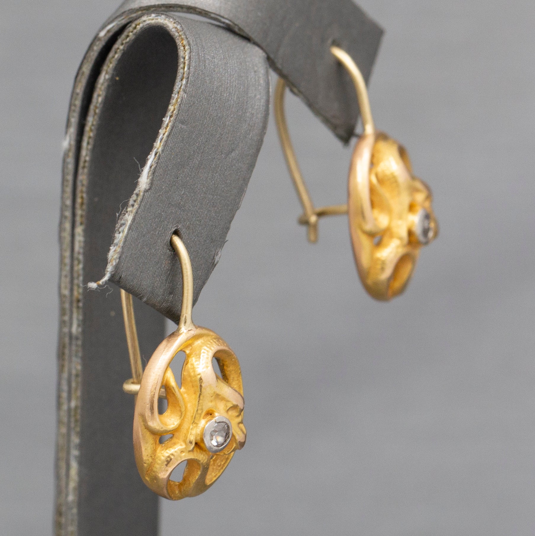 Victorian Antique Snake Serpent with Old Mine Cut Diamond Earrings in 14k YG