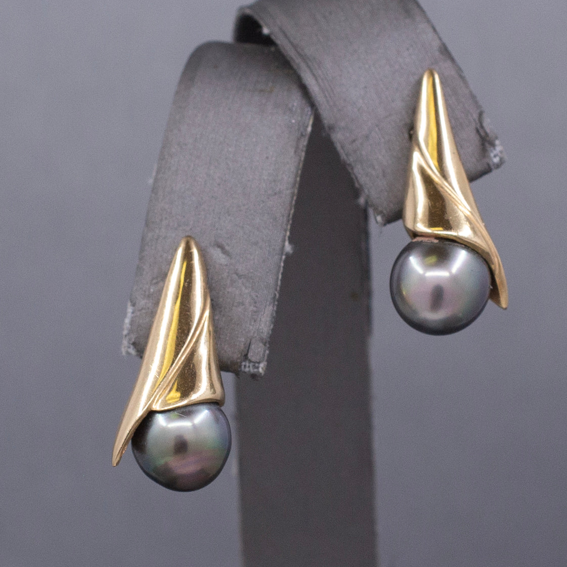 Modern Black Tahitian Pearl Gold Wrap Stud Earrings in 14k Yellow Gold